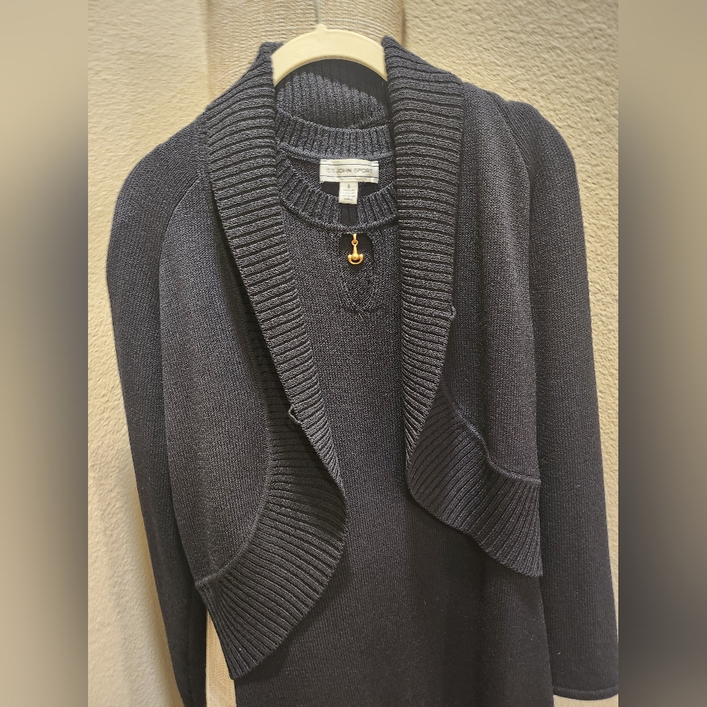 St. John Blue and Black Cardigan Dress with Elegant Knit Pattern